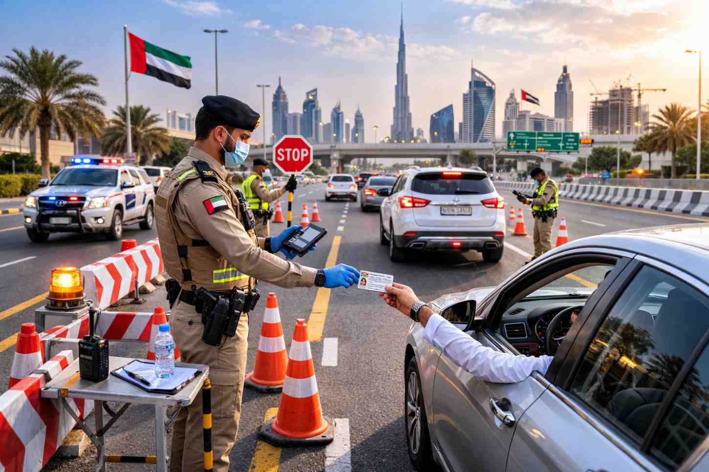security checkpoint on UAE highway where drivers slow down and present identification as part of route risk planning UAE