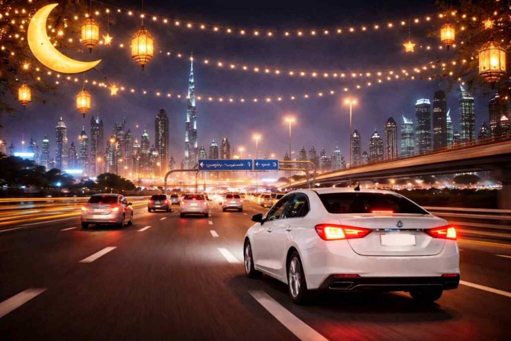 car driving on dubai highway at night with ramadan lights and city skyline during night driving
