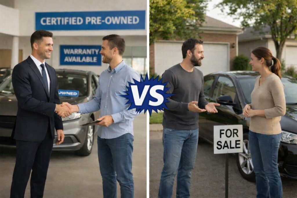 Dealer vs Private Sellers: Who Wins the UAE Used Car Market? A side-by-side visual comparing the structured dealership experience with the more informal private seller route.