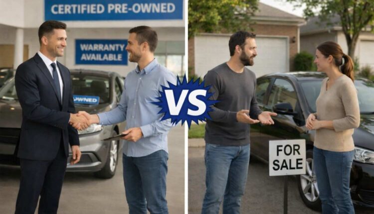 Dealer vs Private Sellers: Who Wins the UAE Used Car Market? A side-by-side visual comparing the structured dealership experience with the more informal private seller route.