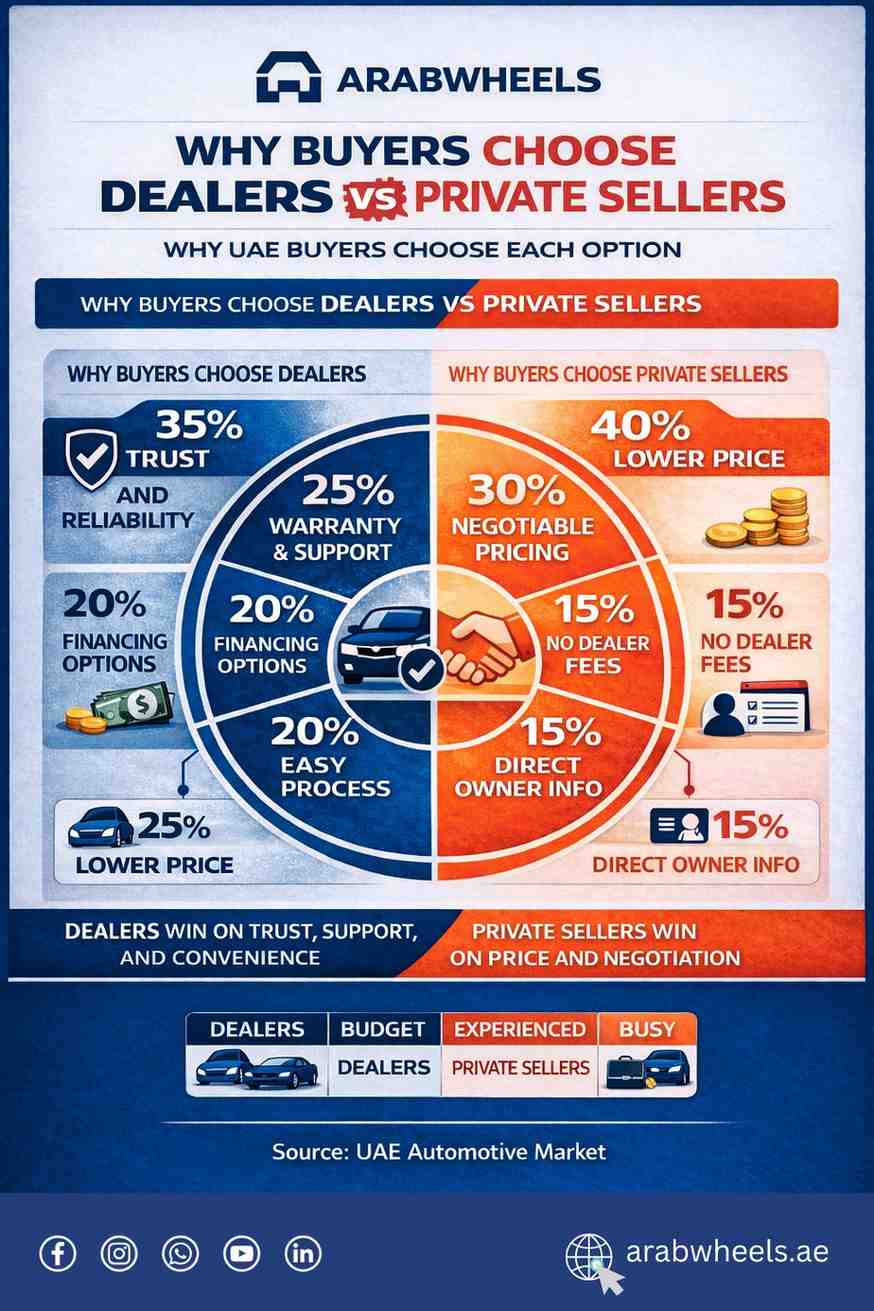 ArabWheels infographic comparing why UAE buyers choose dealers versus private sellers, highlighting trust, warranty, financing, price, negotiation, and buyer types.