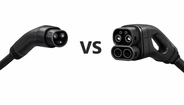 NACS vs CCS EV charging connectors shown side by side with a bold VS in the center, illustrating the charging standard comparison for EV buyers in 2026