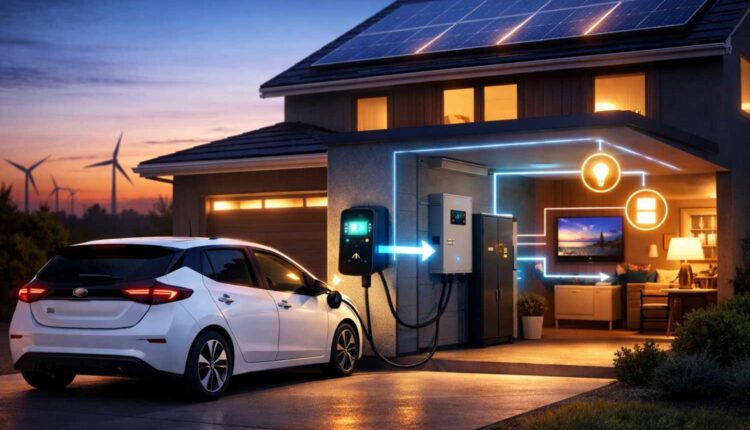 V2H EV home charging system powering a smart residential house through a bidirectional EV charger.