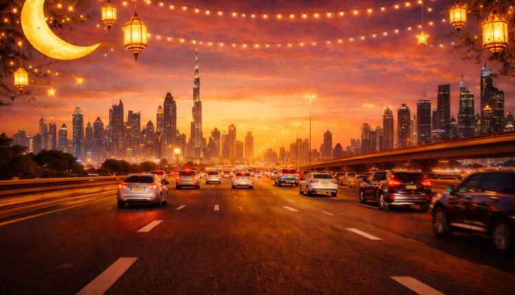 Ramadan traffic patterns in Dubai showing evening highway congestion before Iftar with the Burj Khalifa skyline.