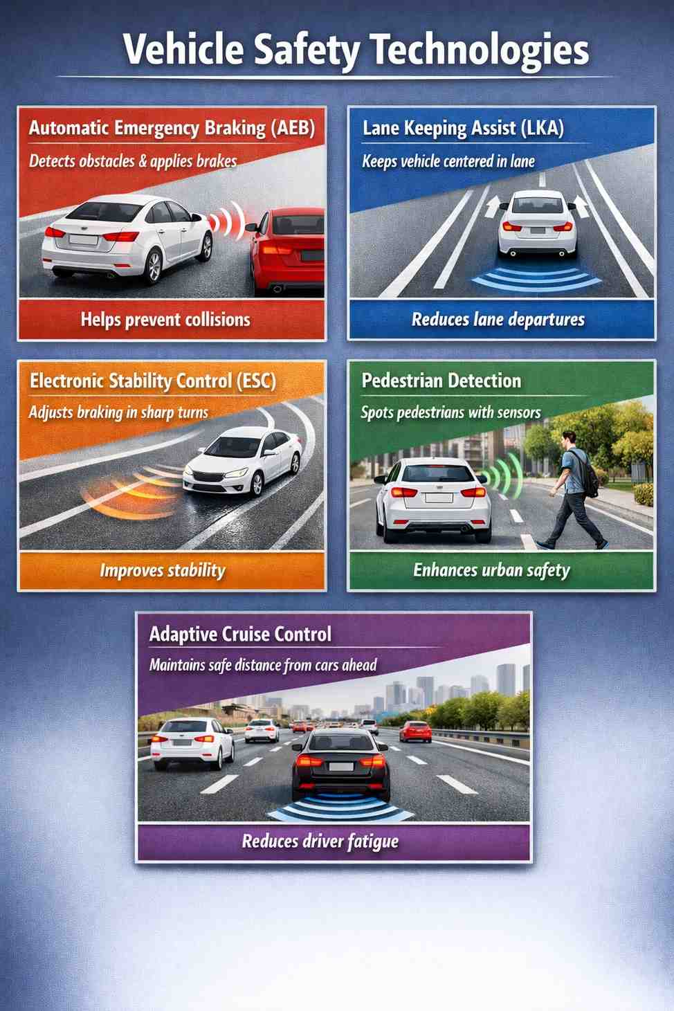 vehicle safety technologies AEB LKA ESC pedestrian detection adaptive cruise control |Arabwheels