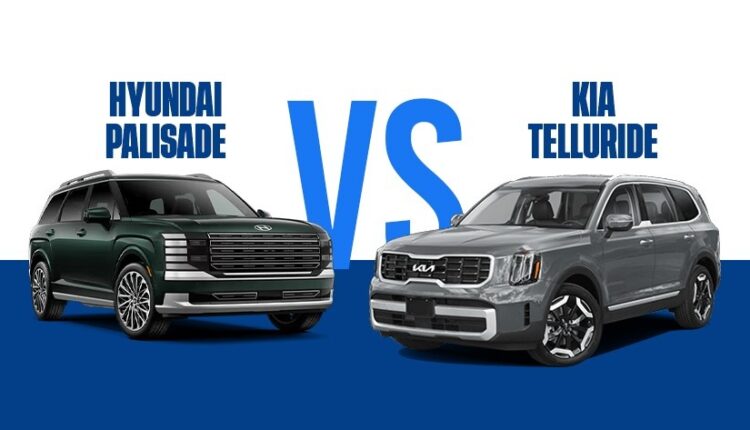 Comparison graphic showing a green Hyundai Palisade and a gray Kia Telluride facing forward with the text “Hyundai Palisade vs Kia Telluride” and a large “VS” between the two SUVs.