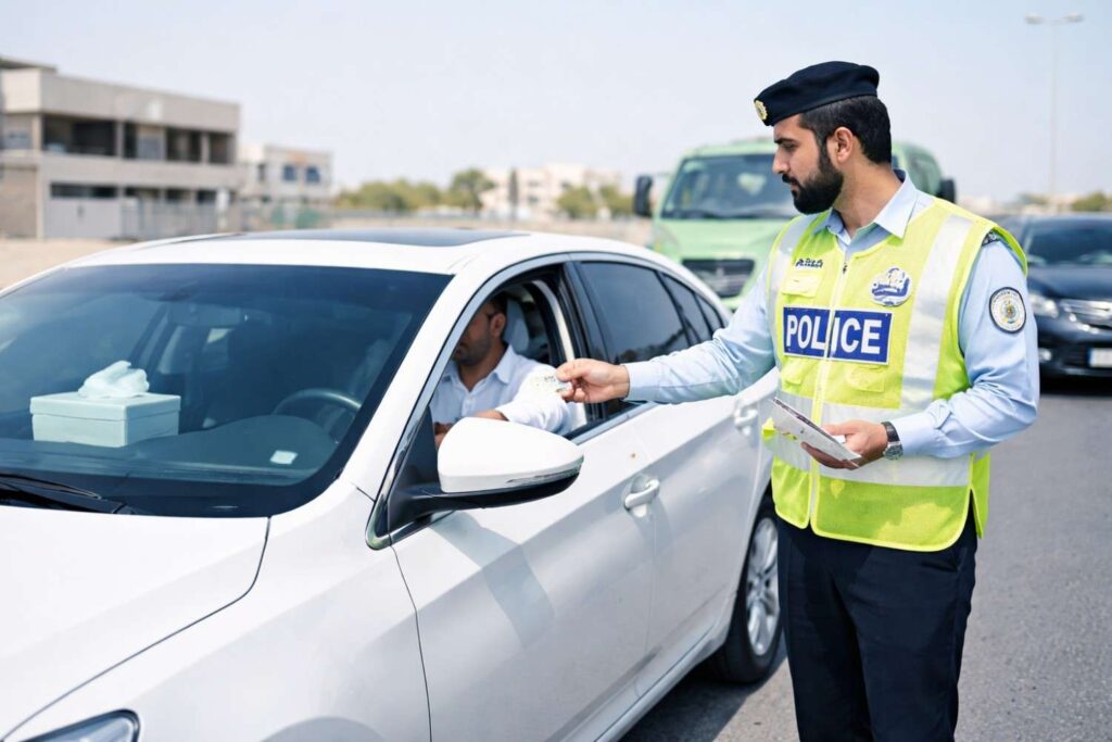 Sharjah Traffic Fines by Plate Number 2026 – Sharjah police officer handing over a traffic fine ticket to a driver in a white sedan on a sunny day.Sharjah Traffic Fines by Plate Number 2026 – Sharjah police officer handing over a traffic fine ticket to a driver in a white sedan on a sunny day.
