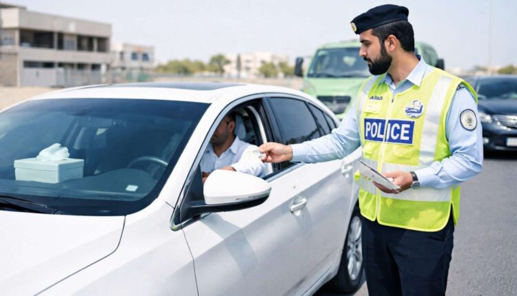 Sharjah Traffic Fines by Plate Number 2026 – Sharjah police officer handing over a traffic fine ticket to a driver in a white sedan on a sunny day.Sharjah Traffic Fines by Plate Number 2026 – Sharjah police officer handing over a traffic fine ticket to a driver in a white sedan on a sunny day.