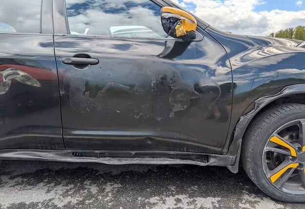 Car with peeling paint and exterior damage caused by heat exposure, showing cracked surface and worn-out bodywork.