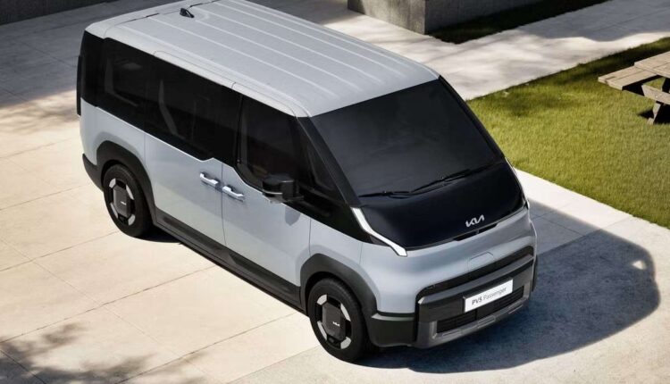 Kia PV5 electric van exterior design parked in a modern urban setting showing Kia’s PBV modular commercial vehicle platform|Arabwheels.ae