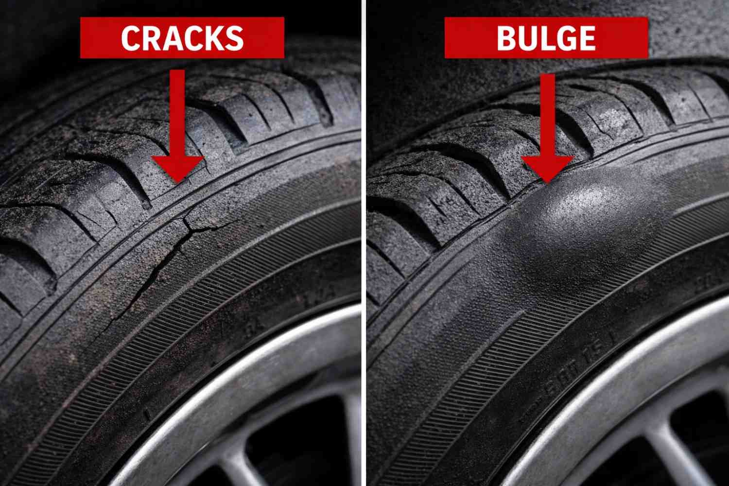 Close-up image showing tyre sidewall cracks and a bulge as signs of tyre damage