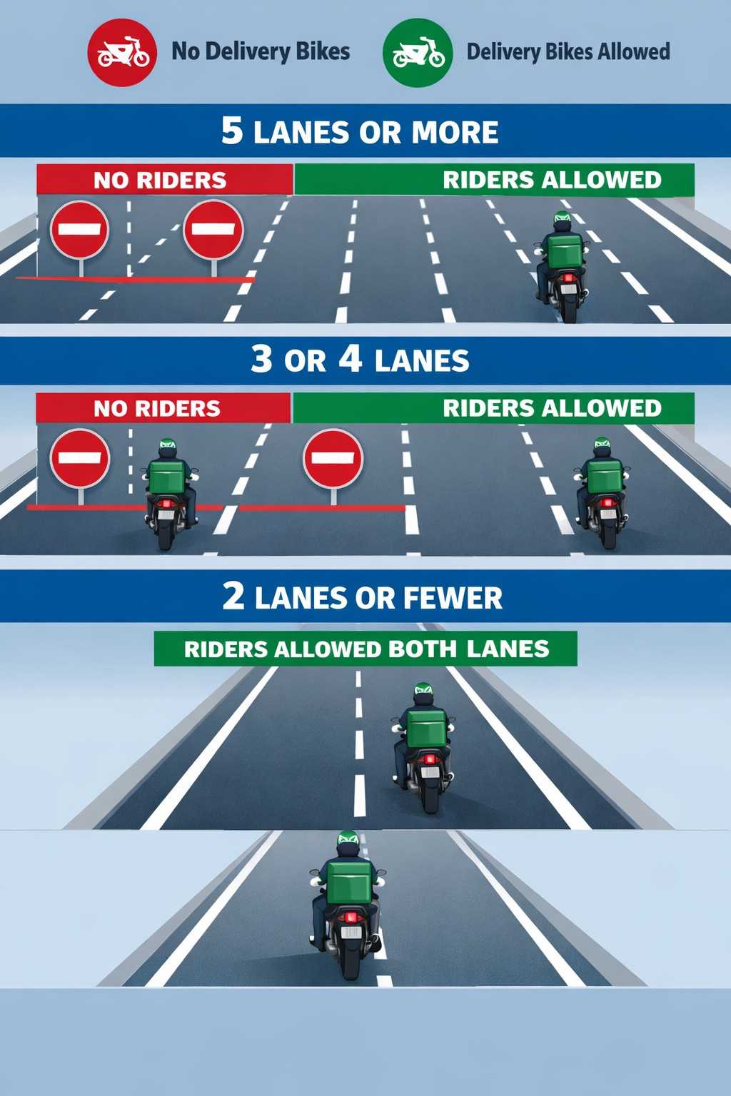 Road graphic showing Dubai delivery rider fast lane rules: on roads with five lanes or more, riders cannot use the two leftmost lanes; on roads with three or four lanes, riders cannot use the leftmost lane; on roads with two lanes or fewer, riders can use both lanes| Arabwheels.ae