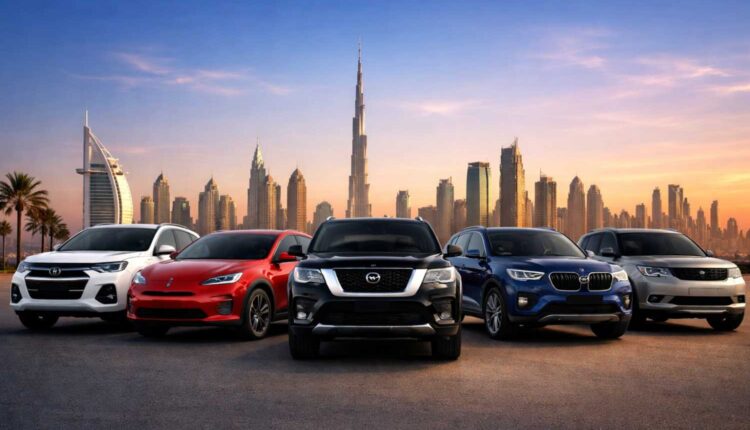 Lineup of popular SUVs in Dubai skyline reflecting UAE car market trends 2026 with focus on EV growth and premium models| Arabwheels.ae