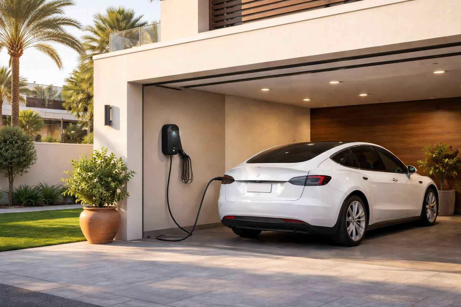 White electric car charging at a home wall charger in a Dubai-style residential garage| Arabwheels.ae