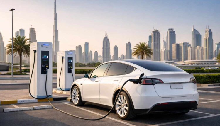 White electric car charging at a public EV station in Dubai with city skyline in the background | Arabwheels.ae