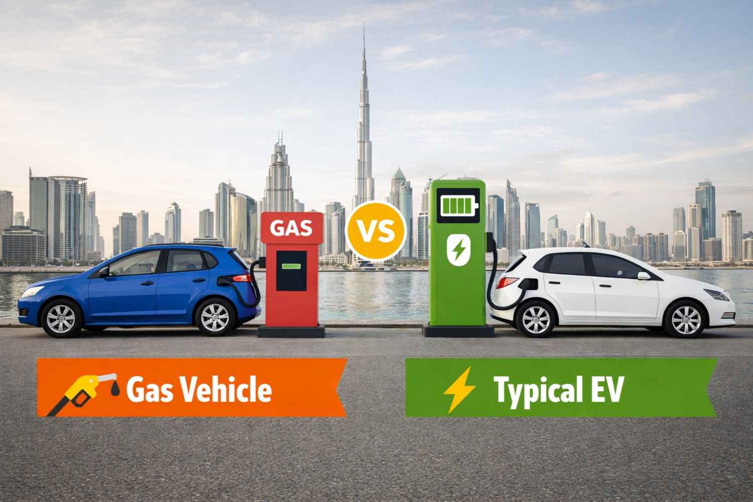 Gas vs electric car comparison in Dubai showing petrol fueling and EV charging with city skyline background| Arabwheels.ae