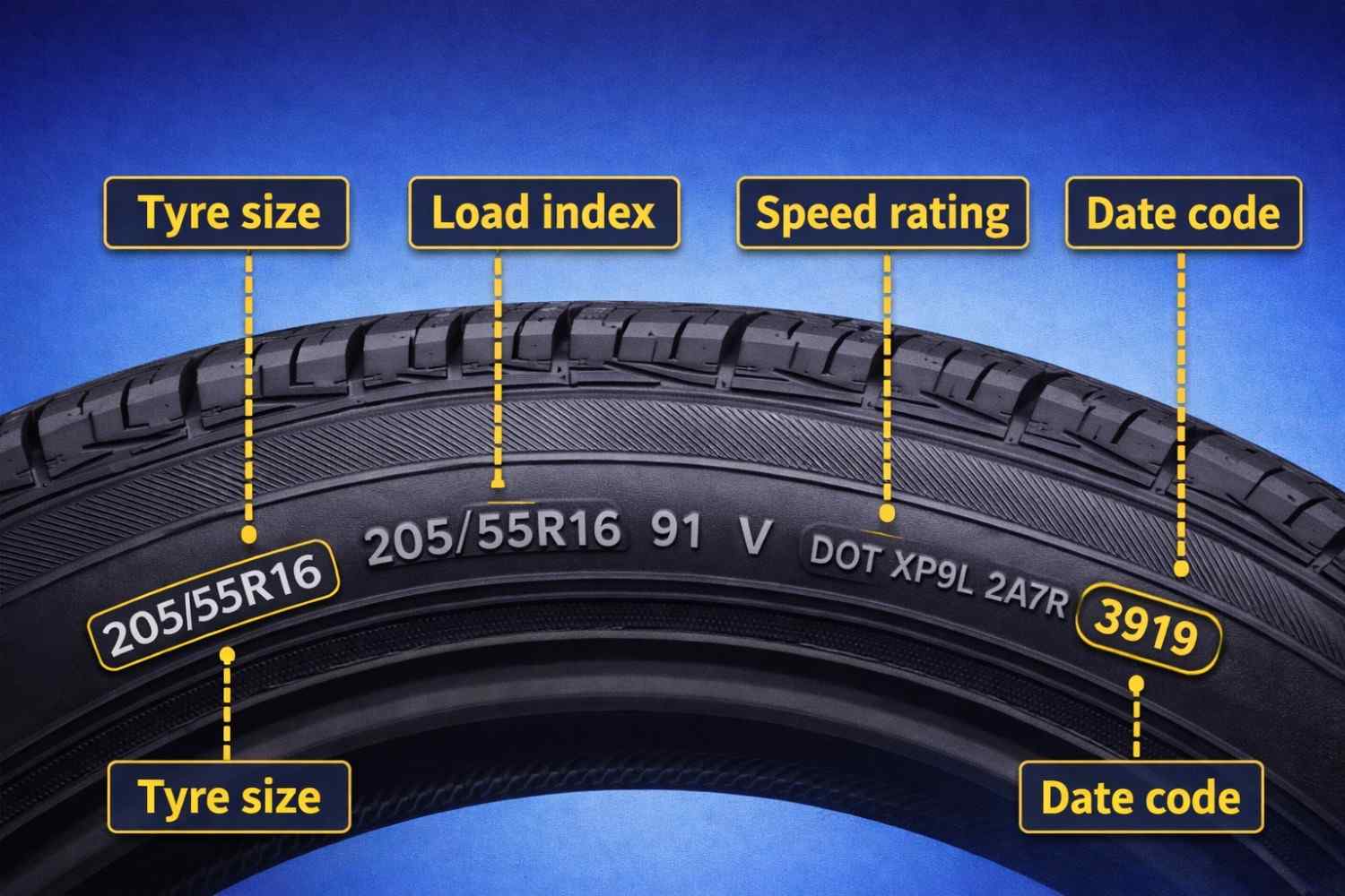 ArabWheels guide to tyre sidewall markings with tyre size, load index, speed rating, and date code| Arabwheels.ae