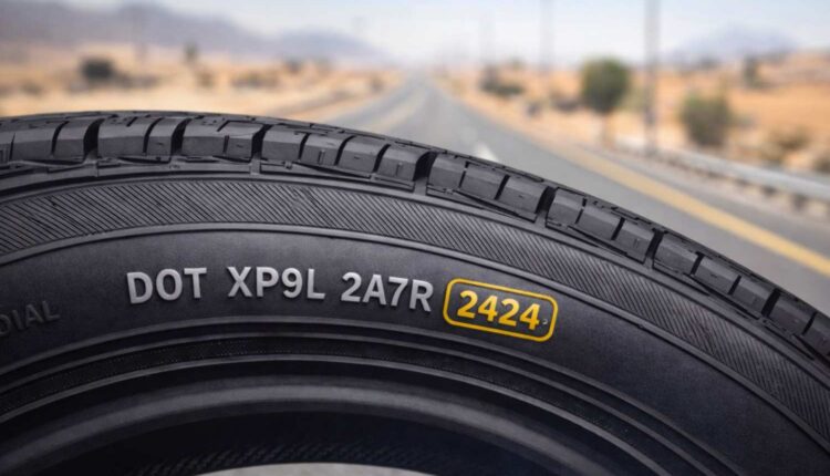 Featured image showing a tyre sidewall with DOT code 2424, indicating the tyre manufacturing date| Arabwheels.ae