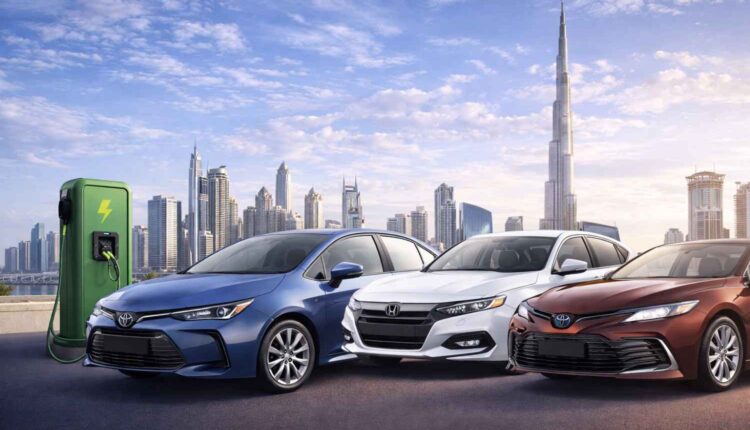 A trio of hybrid cars—the blue Toyota Corolla, white Honda Accord, and maroon Toyota Camry—parked with the Burj Khalifa towering in the background. An EV charging station powers the Corolla, with Dubai's skyline and clear skies adding to the modern, eco-friendly scene| Arabwheels.ae