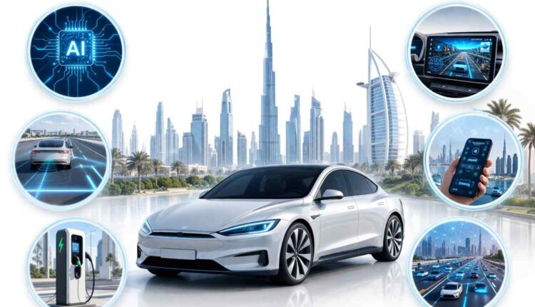 Best Car Tech Features in UAE for 2026 Drivers featured image showing a futuristic electric car with Dubai skyline and smart car technology|Arabwheels.ae