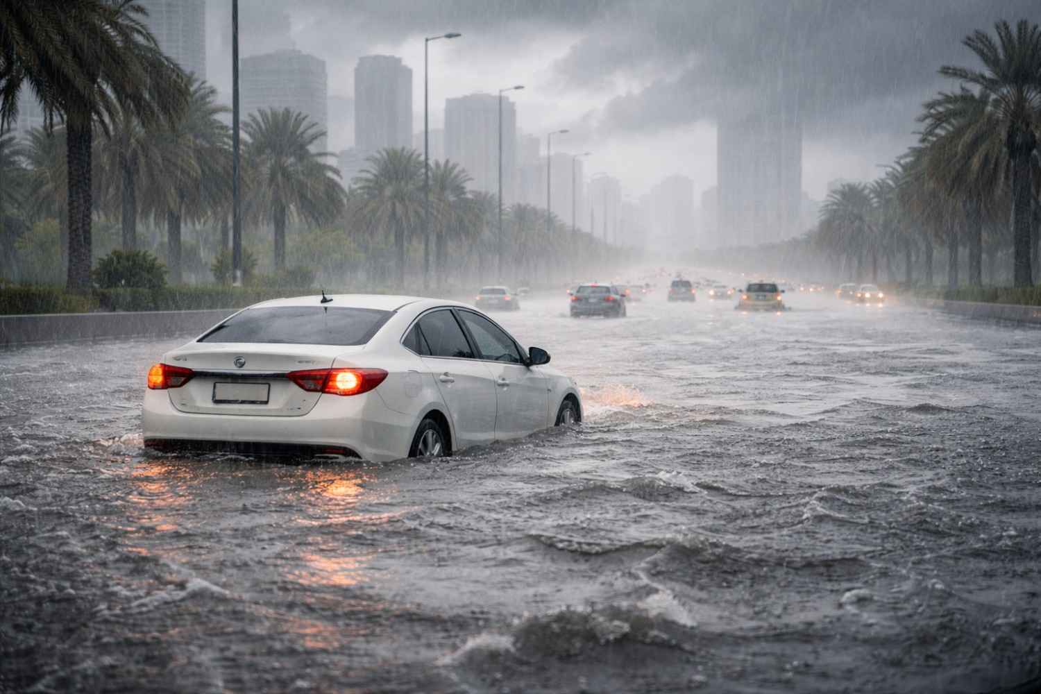 A white sedan sits stranded in deep floodwater on a palm-lined UAE city road during heavy rain, with dark storm clouds, blurred high-rise buildings, and other vehicles moving cautiously in the background.| Arabwheels.ae