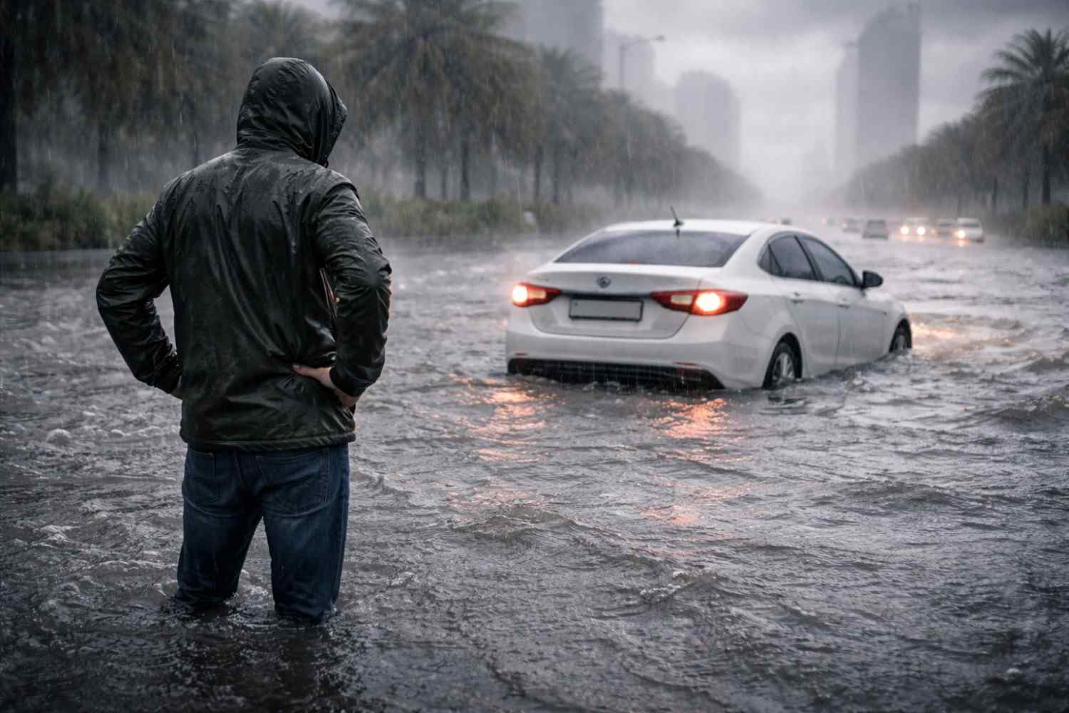 Motorist standing at a safe distance from a stalled vehicle on a flooded street, highlighting the importance of prioritising safety during heavy rain |Arabwheels.ae