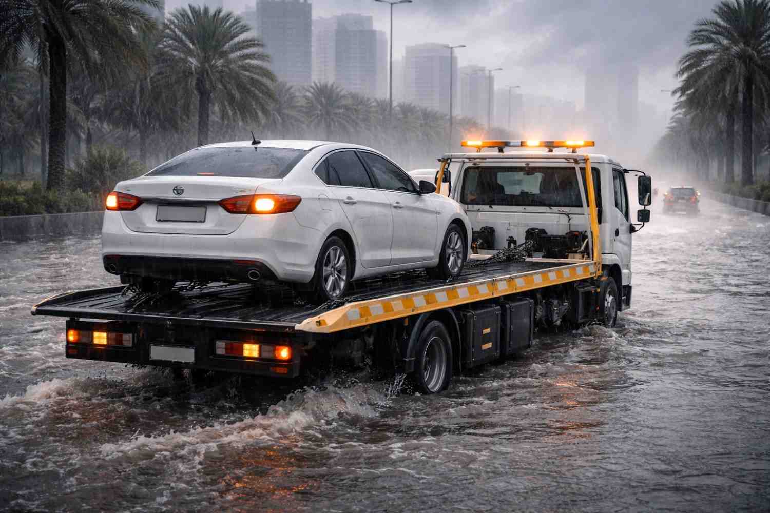 Recovery truck towing a flood-affected car on a city road in the UAE, showing the safest next step after a vehicle stalls in floodwater| Arabwheels.ae