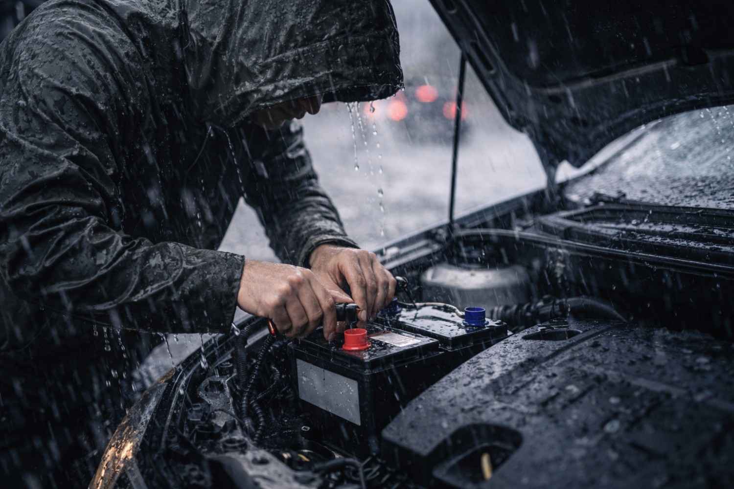 Mechanic or driver carefully checking a car battery in wet conditions to help prevent further electrical damage after a vehicle stalls in floodwater| Arabwheels.ae