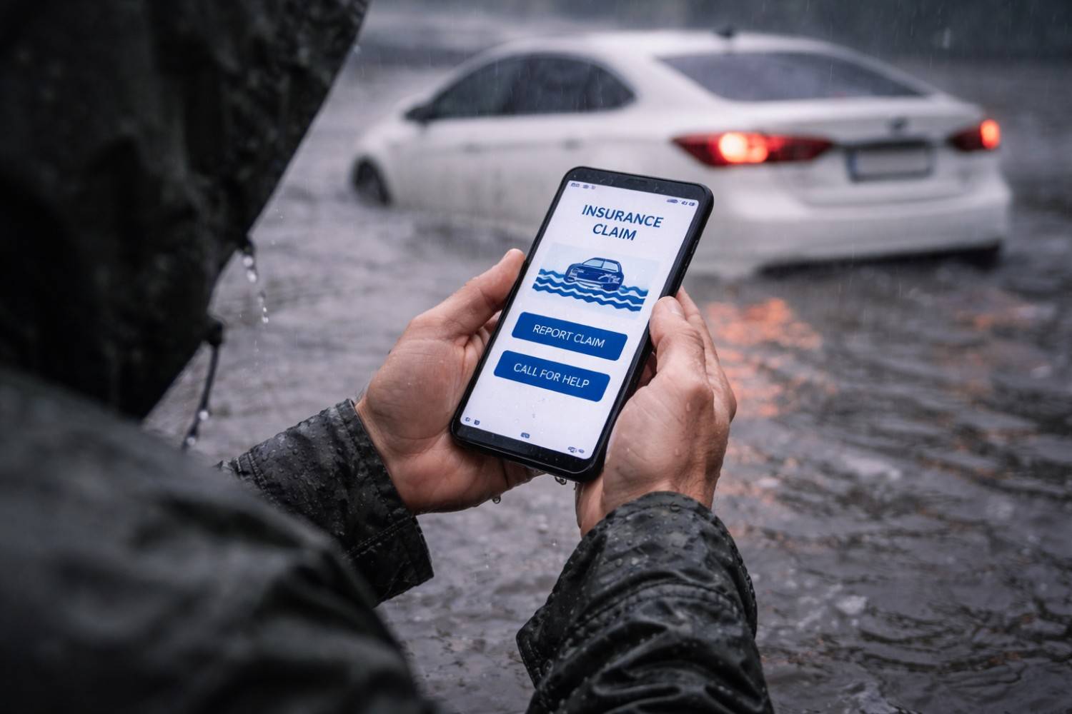 A person in a rain-soaked jacket holds a smartphone showing an insurance claim screen while standing in floodwater, with a partially submerged white car blurred in the background| Arabwheels.ae