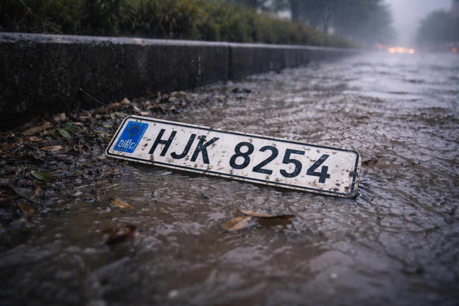 A white vehicle number plate lies half-submerged in muddy floodwater beside a rain-soaked roadside, surrounded by scattered leaves and debris| Arabwheels.ae