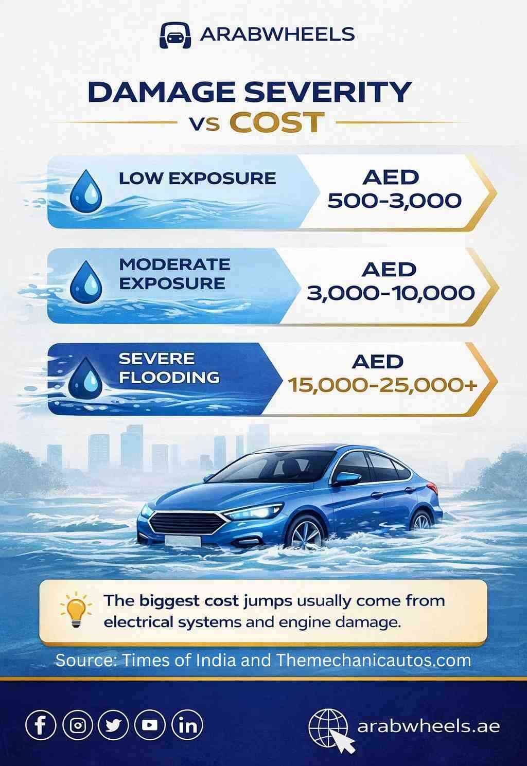 ArabWheels infographic illustrating car flood damage cost ranges in the UAE, showing three levels: low exposure (AED 500–3,000), moderate exposure (AED 3,000–10,000), and severe flooding (AED 15,000–25,000+), alongside an image of a car driving through floodwater and a note that the highest repair costs typically come from electrical systems and engine damage| Arabwheels.ae