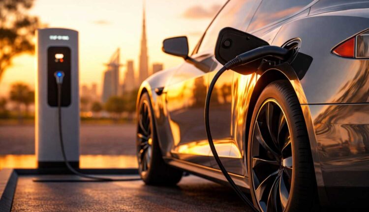 Sleek silver electric vehicle charging at a station with Dubai’s skyline in the background, showcasing the future of sustainable transport in the UAE| Arabwheels.ae