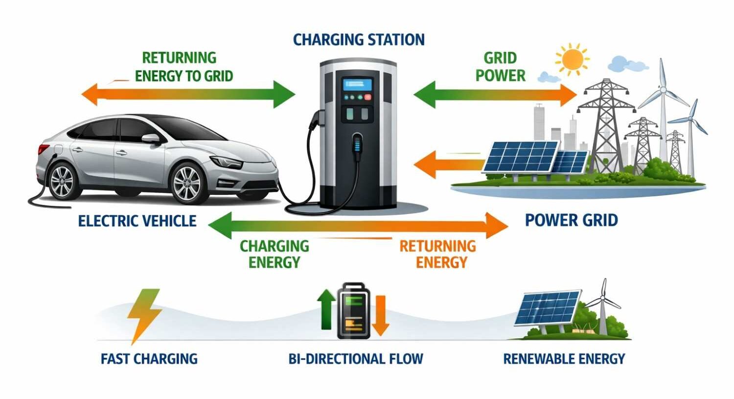 Infographic illustrating the SAE J3400 charging standard, showcasing the bidirectional energy flow between an electric vehicle, charging station, and power grid. The image highlights features like fast charging, bi-directional flow, and integration with renewable energy sources such as solar and wind power| Arabwheels.ae