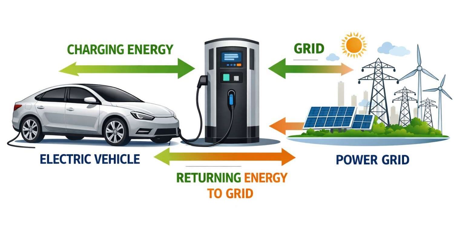 Infographic illustrating the concept of bidirectional charging, showing an electric vehicle (EV) connected to a charging station, with energy flowing both ways. Green arrows represent charging energy from the grid to the EV, while orange arrows show returning energy from the EV back to the power grid, which integrates renewable energy sources like solar and wind|Arabwheels.ae