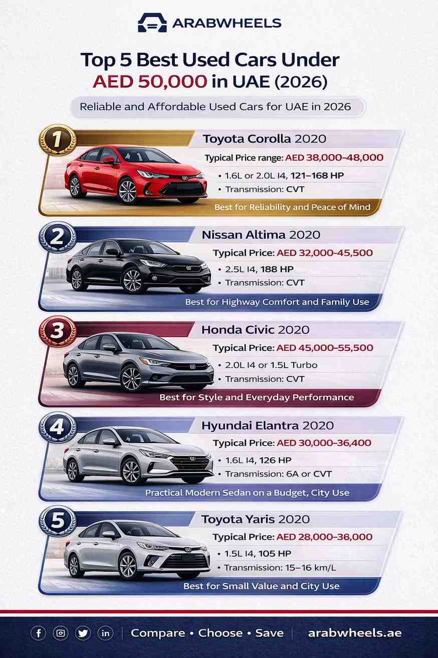 ArabWheels infographic ranking the top 5 best used cars under AED 50,000 in the UAE for 2026, featuring Toyota Corolla, Nissan Altima, Honda Civic, Hyundai Elantra, and Toyota Yaris with prices and key specs. Clean editorial layout with glossy ranked cards, realistic car photos, red-highlighted AED pricing, and a dark navy branded footer with social icons and arabwheels.ae.