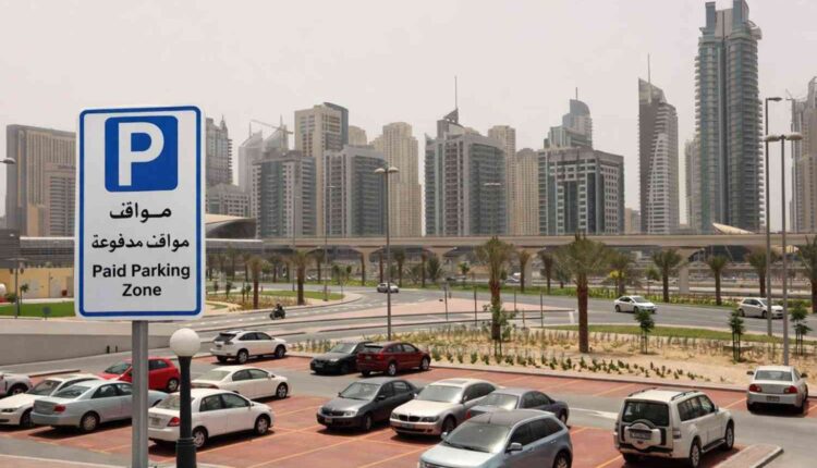 Paid parking sign in Dubai parking lot with multiple cars, modern skyline, and metro track in the background.
