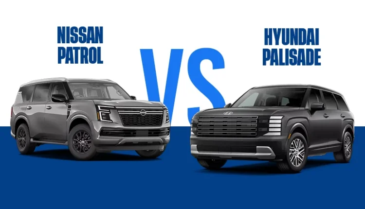 Nissan Patrol and Hyundai Palisade SUVs displayed side by side with a VS sign, comparing the best SUV options for UAE buyers