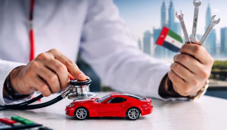 A person using a stethoscope on a toy car, symbolizing the importance of maintenance in managing car depreciation. The background features the UAE flag and a skyline, emphasizing the context of car ownership and depreciation in the UAE
