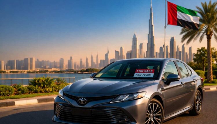 Used car for sale in Dubai with skyline view representing fast-selling car listings in the UAE