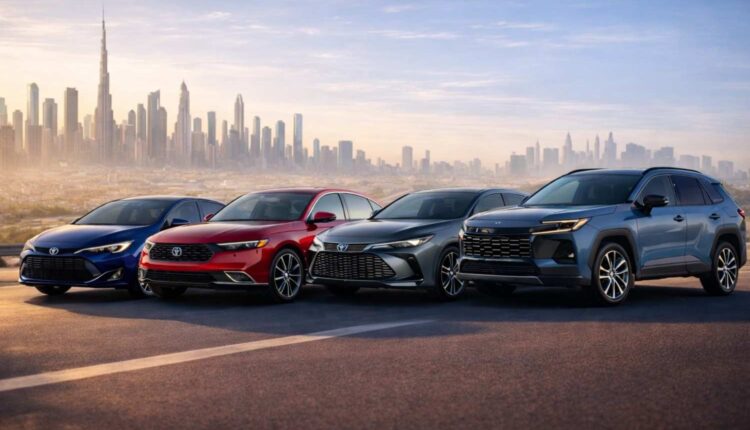Four modern cars, including three sedans and one SUV, are parked side by side on a wide road with the Dubai skyline and Burj Khalifa in the background under soft morning light.| Arabwheels.ae