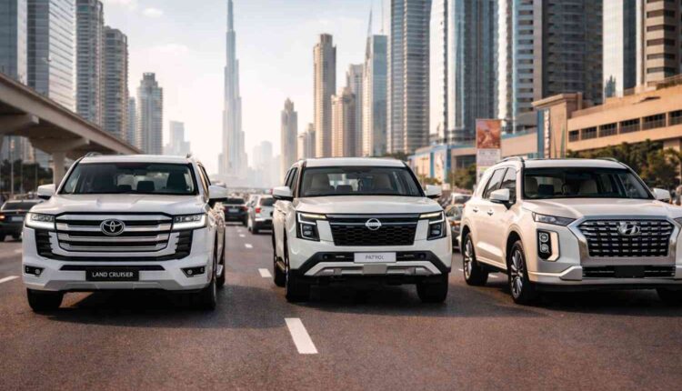 White SUVs in Dubai traffic, reflecting SUVs for UAE daily commutes | ArabWheels.ae