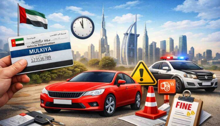 UAE car registration and insurance concept with red car, Mulkiya card, inspection symbols, and Dubai skyline background