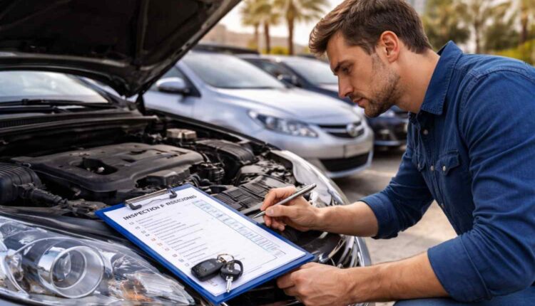 A buyer inspects the engine and checklist of a used car before purchase in the UAE.| Arabwheels.ae