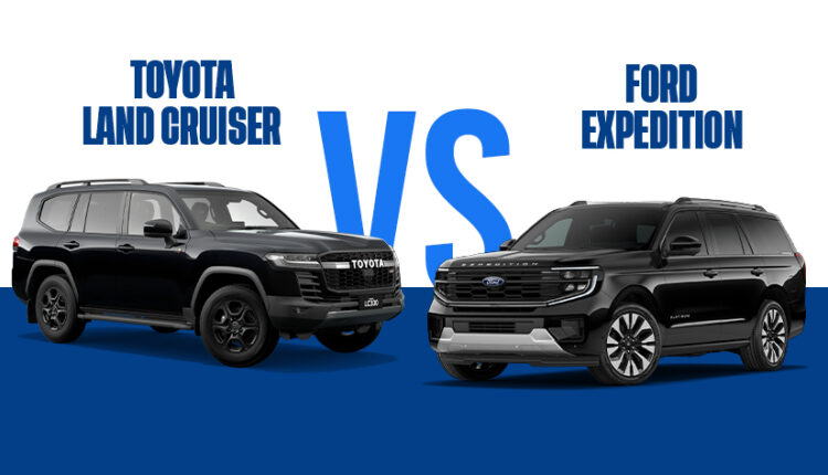 Ford Expedition vs Toyota Land Cruiser comparison image showing both full-size SUVs side by side with a bold VS graphic on a blue and white background| Arabwheels.ae