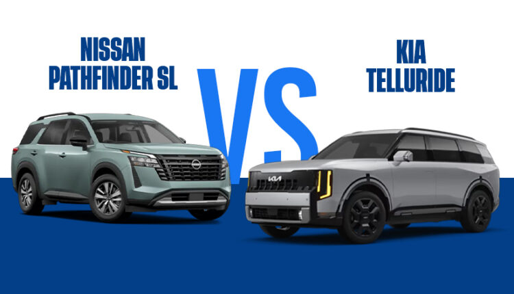 Comparison graphic showing a Nissan Pathfinder SL on the left and a Kia Telluride on the right with a large blue “VS” in the center against a white and blue background.| Arabwheels.ae