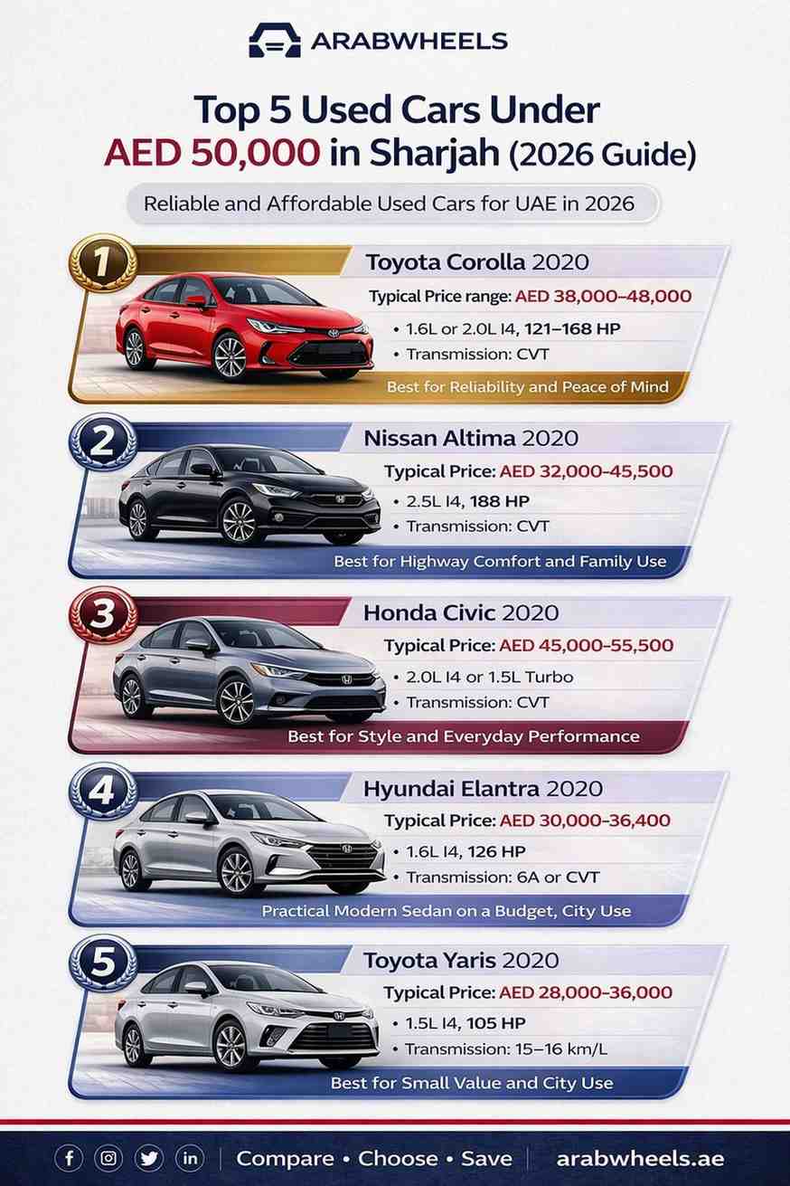 Top 5 used cars under AED 50,000 in Sharjah in 2026, including Toyota Corolla, Nissan Altima, Honda Civic, Hyundai Elantra, and Toyota Yaris.|Arabwheels.ae