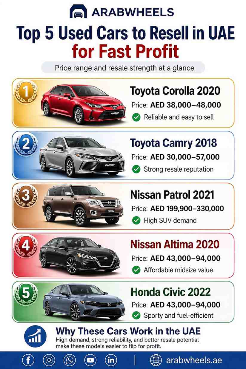 Infographic showing the top 5 used cars to resell in the UAE for fast profit, including Toyota Corolla 2020, Toyota Camry 2018, Nissan Patrol 2021, Nissan Altima 2020, and Honda Civic 2022 with price ranges and resale highlights.| Arabwheels.ae