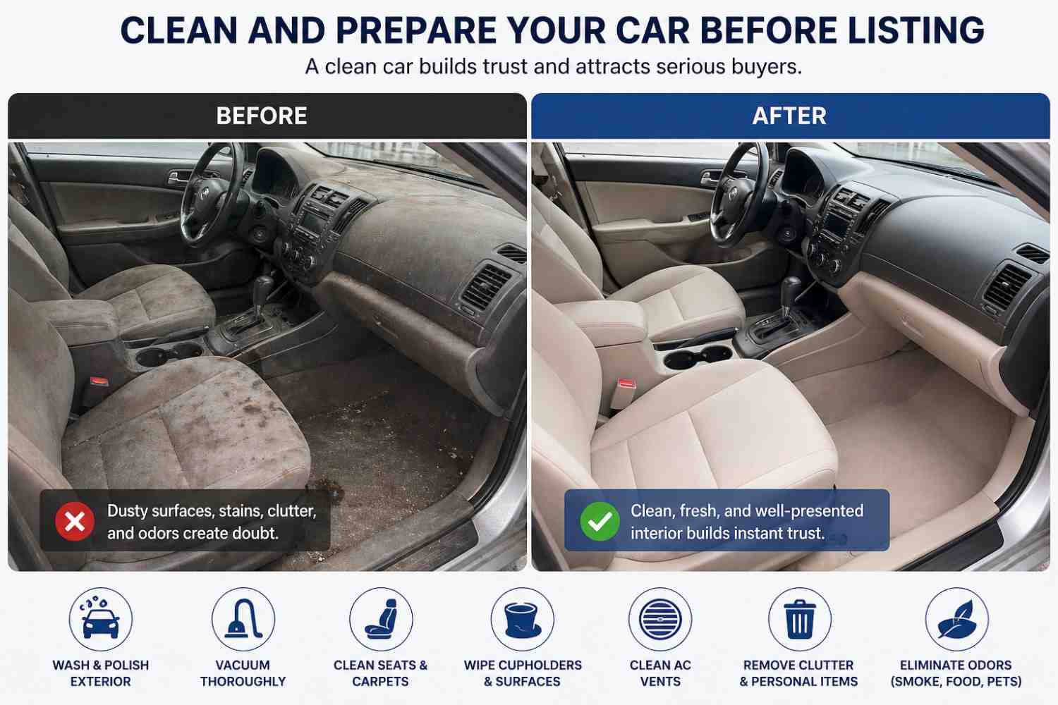 ArabWheels-style before-and-after infographic titled “Clean and Prepare Your Car Before Listing.” Side-by-side comparison of a car interior shows a dirty, dusty cabin with stained seats and clutter labeled “Before,” and a spotless, freshly detailed interior labeled “After.” The left side notes that dusty surfaces, stains, clutter, and odors create doubt, while the right side states that a clean, fresh, well-presented interior builds instant trust. Bottom icons highlight preparation steps: wash and polish exterior, vacuum thoroughly, clean seats and carpets, wipe cupholders and surfaces, clean AC vents, remove clutter and personal items, and eliminate odors from smoke, food, or pets.|Arabwheels.ae