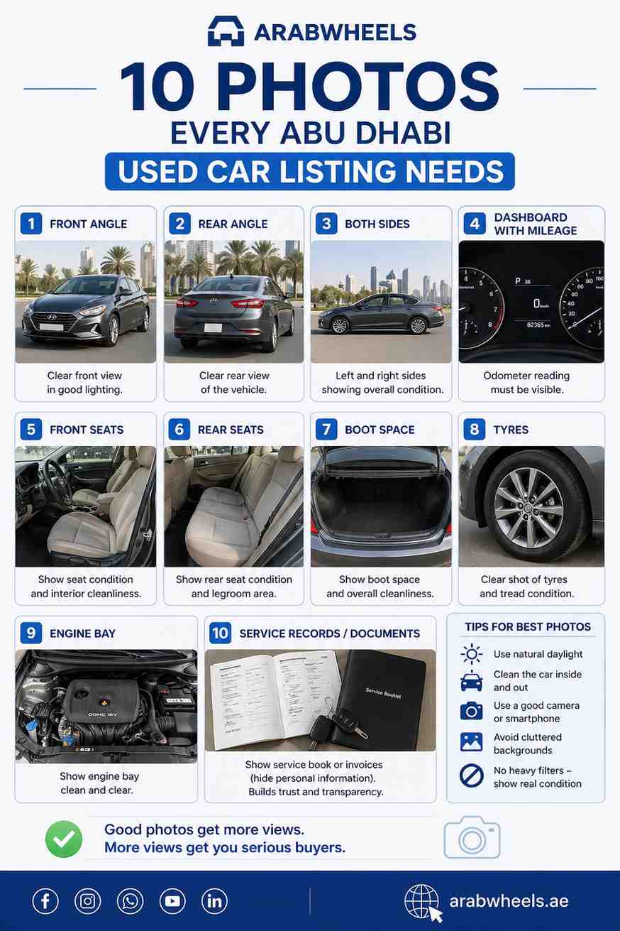 Infographic showing 10 essential photos for an Abu Dhabi used car listing, including front, rear, sides, mileage, seats, boot, tyres, engine bay, and service records.| Arabwheels.ae