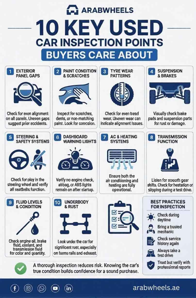 An infographic titled "10 Key Used Car Inspection Points Buyers Care About" by Arabwheels. It features a numbered grid of 10 visual checks with icons and descriptive text, covering areas like bodywork, engine, and interior, along with a list of inspection best practices.| Arabwheels.ae